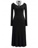 Self-Tie Halter Off-Shoulder Ribbed Knit Midi Dress in Black