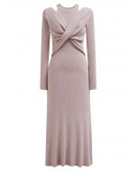 Cutout Shoulders Cross Front Knit Midi Dress in Pink