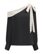 One-Shoulder Bowknot Flap Satin Top in Black