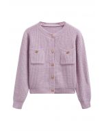 Embossed Dots Patch Pocket Buttoned Knit Cardigan in Lilac