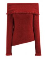 Tassel Folded Off-Shoulder Fuzzy Knit Top in Red