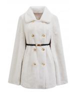 Collared Double-Breasted Faux Fur Cape Coat in Ivory