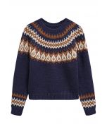 Playful Waterdrop Fair Isle Knit Sweater in Navy