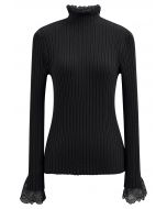 Lace Trim Mock Neck Ribbed Knit Top in Black