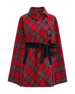 Button Wrap Tie Sash Tartan Cape Coat in Red