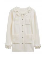 3D Petal Neckline Patch Pocket Knit Cardigan in Cream