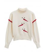 Playful Snowman Embroidery Turtleneck Waffle Knit Sweater