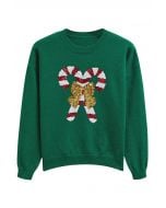 Sequin Bowknot Candy Cane Knit Sweater in Green