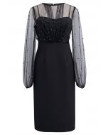 Glamorous Pearl Decor Mesh Spliced Midi Dress in Black