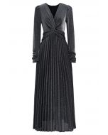 Glistening Twisted Front Pleated Maxi Dress in Smoke