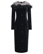 Rhinestone Decor Velvet Feather Midi Dress