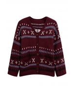 Cozy Fair Isle Button Down Knit Cardigan in Burgundy