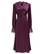 Lace Trim Ruched High Waist Satin Midi Dress in Plum