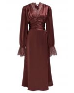 Lace Trim Ruched High Waist Satin Midi Dress in Burgundy