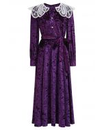 Lace Doll Collar Velvet Midi Dress in Purple