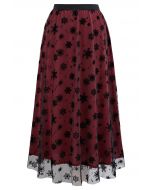 Falling Snowflake Mesh Tulle Midi Skirt in Burgundy