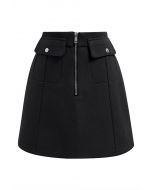 Effortless Charm Flap Pocket Zipper Mini Skirt in Black