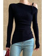 One-Shoulder Ruched Asymmetric Hem Knit Top in Black