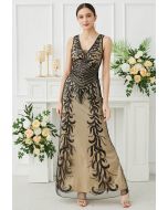 Leaves Sequin V-Neck Mesh Sleeveless Gown in Black