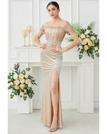 Off-Shoulder Feather Sequin High Slit Gown in Nude Pink