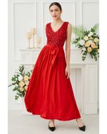 V-Neck Sequins Spliced Sleeveless Gown in Red