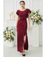 Cascade Ruffle Split Front Sleek Gown in Burgundy