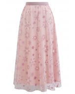 Glitter Star Snowflake Mesh Tulle Midi Skirt in Pink