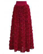 Rose Petal Embellished Mesh Maxi Skirt in Red