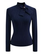 Heart Button Bowknot Ribbed Knit Top in Navy