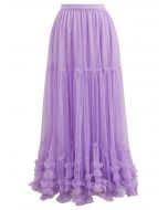 Ruffle Hem Double-Layered Mesh Maxi Skirt in Lilac