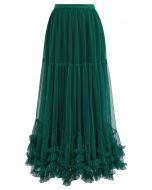 Ruffle Hem Double-Layered Mesh Maxi Skirt in Dark Green