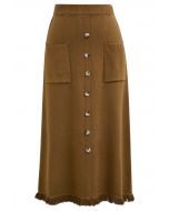 Button Trim Fringe Hem Knit Midi Skirt in Brown