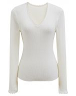 Pearl Decorated Ribbed Knit Top in Ivory