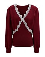 Lace Trim V-Neck Knit Top in Red