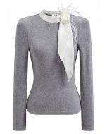 Rose Feather Brooch Ribbed Knit Top in Grey