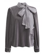 Organza Self-Tie Bowknot Velvet Top in Grey