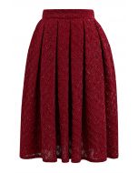 Fringed Zigzag Box Pleat Midi Skirt in Red