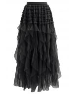 Ruffle Panelled Mesh Tulle Midi Skirt in Black