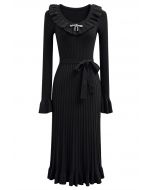 Ruffle Charm Tie Sash Ribbed Knit Dress in Black