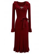 Ruffle Charm Tie Sash Ribbed Knit Dress in Red