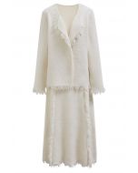 Tassel Trim Knit Cardigan and Skirt Set in Ivory