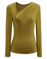 Oblique Ruched Neckline Fitted Top in Olive