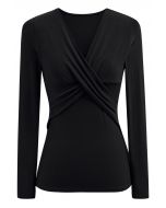 Crisscross V-Neck Fitted Top in Black