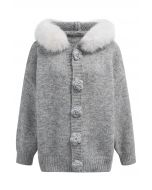 Stitch Rose Button Faux Fur Hooded Knit Cardigan in Grey