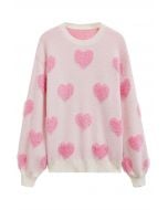 Contrast Fuzzy Heart Crew Neck Knit Sweater in Light Pink