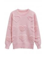 Pearl Trim Heart Jacquard Oversized Knit Sweater in Pink