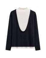 Mock Neck Fake Two-Piece Oversized Knit Top in Black