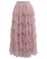 Ethereal Tiered Pearl Tulle Maxi Skirt in Dusty Pink