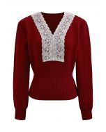 Lace Trim Fitted Knit Top in Red