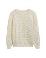 Embossed Heart Cable Knit Sweater in Cream